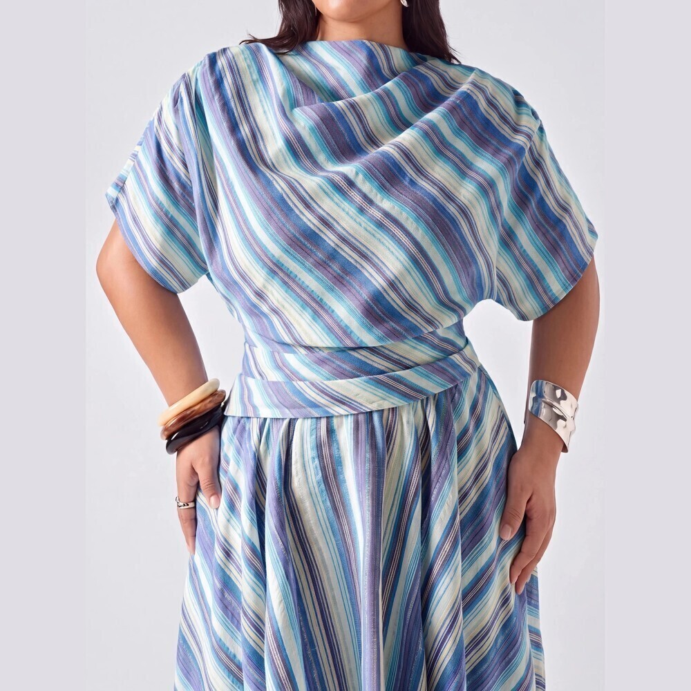 Blue Multicolor Diagonal Striped Cowl Neck Slim Waist Fit Tee